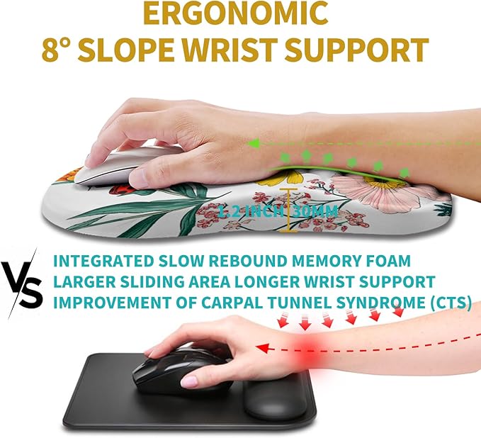 Hokafenle Ergonomic Mouse Pad Wrist Support, Wrist Rest Mousepad for Carpal Tunnel Pain Relief with Integrated Memory Foam Slope Massage Bulge (11.8x7.9 inch,Flowers and Ladybugs