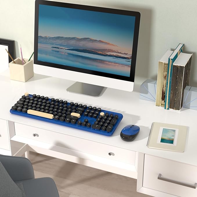 Wireless Computer Keyboards Mouse Combos, COVEVA Colorful Typewriter Retro Keyboard with Round Keycaps, USB Keyboard and Mouse Set 2.4GHz Full-Size Wireless Keyboard and Optical Mouse（Black-Blue）