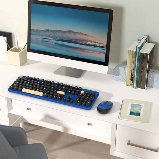Wireless Computer Keyboards Mouse Combos, COVEVA Colorful Typewriter Retro Keyboard with Round Keycaps, USB Keyboard and Mouse Set 2.4GHz Full-Size Wireless Keyboard and Optical Mouse（Black-Blue）