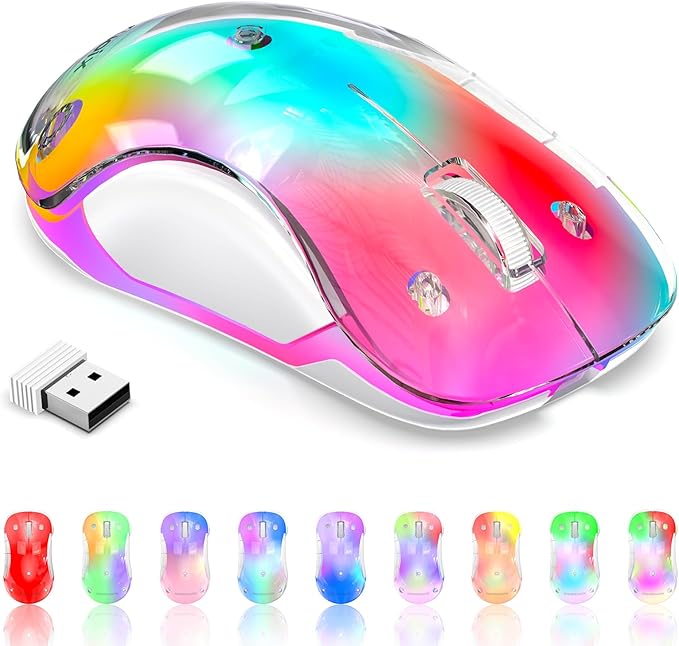memzuoix 2.4G Wireless Mouse with Customizable Cover & 9-Color LED - Rechargeable Ergonomic, 1200 DPI, 5 Buttons, USB Receiver for PC/Mac - Pink