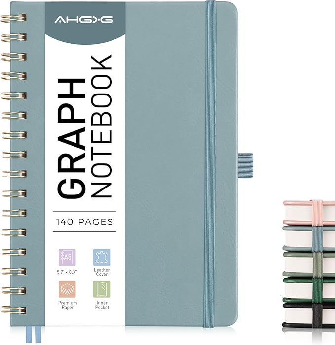 AHGXG Graph Paper Notebook - Spiral Notebook Hardcover Leather Journal 140 Pages, A5 Grid Paper Notebook 5.7" x 8.3", 100 gsm Thick Paper, for School Writing Graphing Engineering, GrayBlue