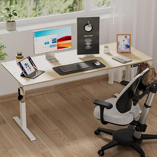 55 x 24 inch Electric Standing Desk Adjustable Height with 4 Wheels, 4 Memory Height Settings, 2 Headphone Hook, Home Office Desk, Splice Board Oak