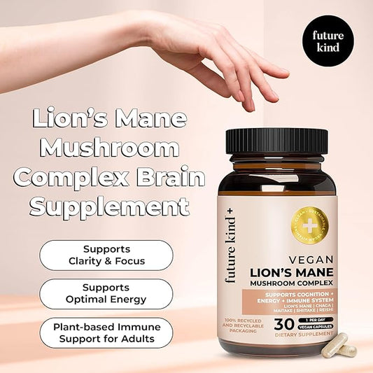 Future Kind Vegan Lion’s Mane Mushroom Complex - Brain Supplement with Chaga, Maitake, Shiitake, & Reishi, Supports Memory and Focus (30ct)
