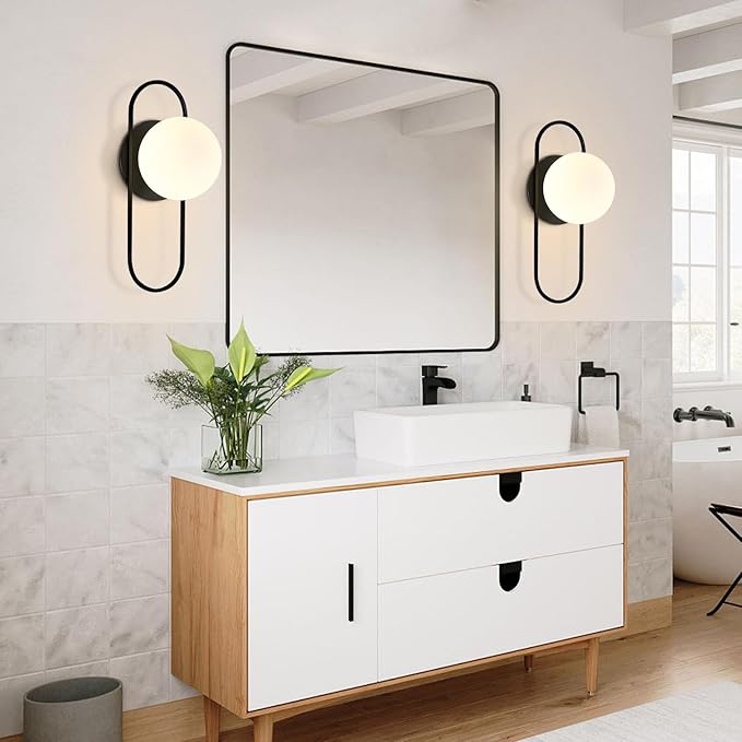 Black Glass Globe Wall Sconce Set of Two Frosted Globe Wall Light Mid Century Modern Wall Sconce Oval Wall Lamp for Bedroom Bedside Bathroom