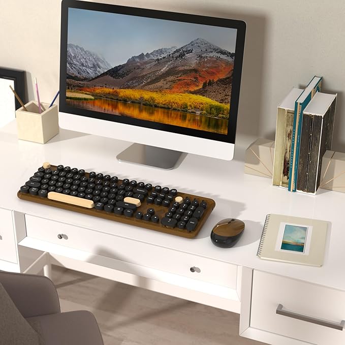 Wireless Computer Keyboards Mouse Combos, COVEVA Colorful Typewriter Retro Keyboard with Round Keycaps, USB Keyboard and Mouse Set 2.4GHz Full-Size Wireless Keyboard and Optical Mouse（Black-Coffee）