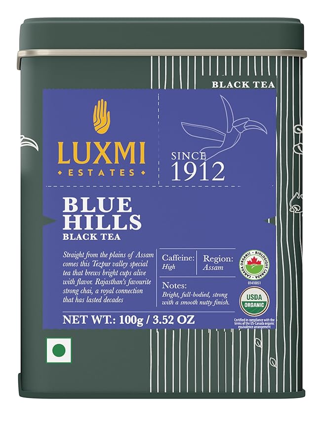 Luxmi Estates - Blue Hills - Organic CTC Assam Black Tea - Loose Leaf - 100g (50 Cups) | Jodhpur Blend - Rajasthan's Favorite Chai | Strong Cup of Original Indian Chai Tea - No Spices