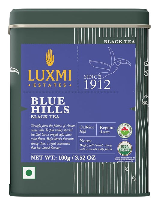 Luxmi Estates - Blue Hills - Organic CTC Assam Black Tea - Loose Leaf - 100g (50 Cups) | Jodhpur Blend - Rajasthan's Favorite Chai | Strong Cup of Original Indian Chai Tea - No Spices