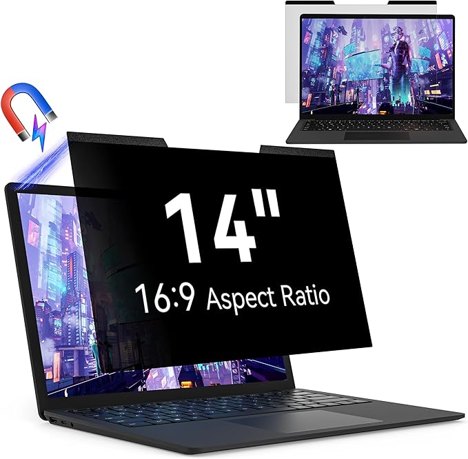 Magnetic 14 Inch Laptop Privacy Screen for 16:9 Computer Monitor, Removable Anti Glare Blue Light Filter Protector, 14 in Privacy Shield Compatible with Lenovo Hp Dell Acer Asus Thinkpad Envy Xps