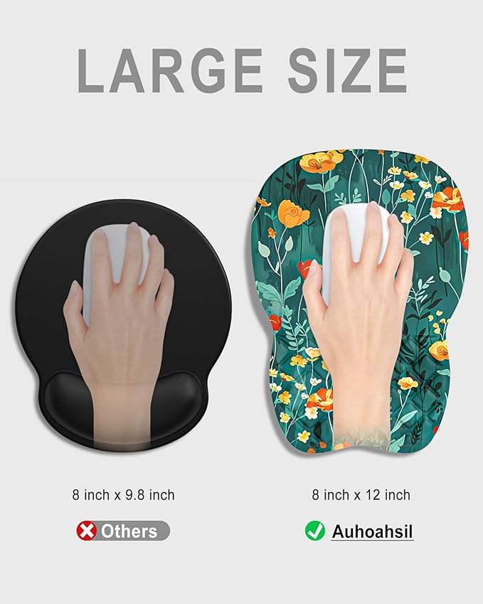 Auhoahsil Ergonomic Mouse Pad with Wrist Rest, Slope Computer Mouse Mat with Wrist Support, Memory Foam Filling, Non-Slip Silicone Base, Pain Relief, for Gaming & Work, 8 x 12 in, Green Flowers
