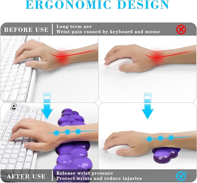 Gel Cloud Keyboard and Mouse Wrist Rest, Cute Wrist Support and Arm Support Keyboard Rest for Keyboard and Mouse Typing Pain Relief，Suitable for Office/Computer/Laptop/Gaming (Transparent Purple Set)