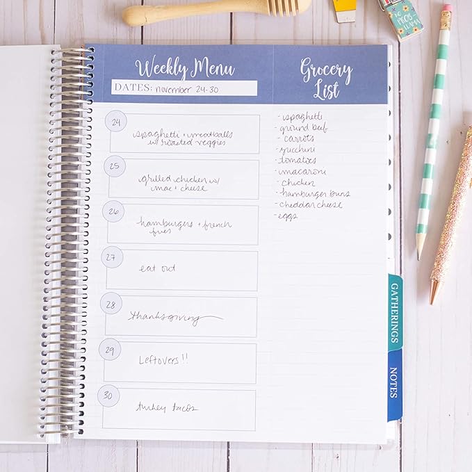 Large Meal Prep Planner, Spiral, Pull-off Grocery Shopping Lists, Kitchen Management, Tabbed Dividers, Laminated Covers, Easy Organizing, Avoid Food Waste, Folder Pockets, Covers a full Year - Eccolo