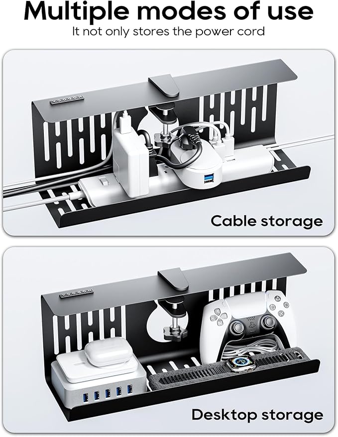 NODOCA No Drill Under Desk Cable Management Tray, 14'' Wire Management, Punch-Free Clamp on, Metal Cable Tray, Wire Organizer Under Desk, Under Desk Basket for Office and Home, Black(2 Packs)
