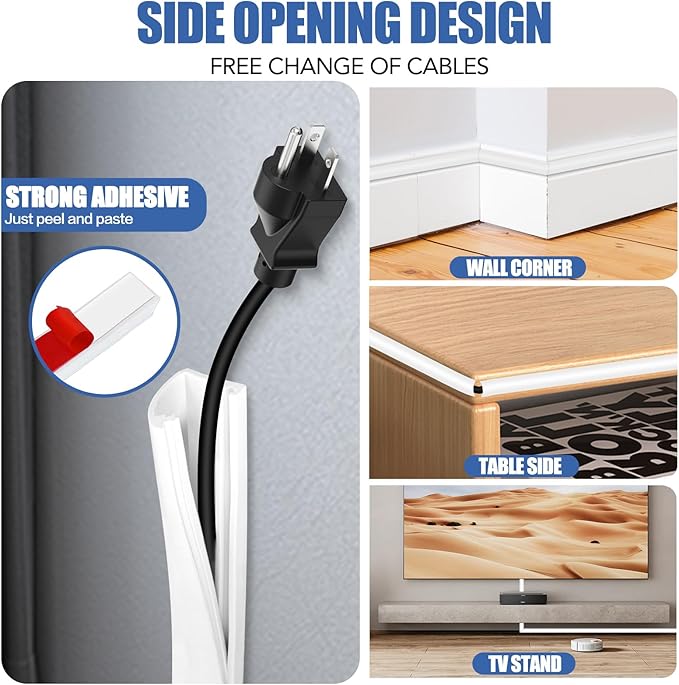 Floor Cable Cover, Low Profile Cable Hider for Wires, Self Adhesive Cord Hider for Wall, Cord Covers Wall Mounted Tv, for Offices, Gym, Exhibitions(White, 3.3 Feet)