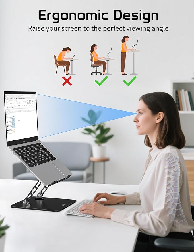 Aluminum Laptop Stand for Desk – Adjustable Ergonomic Laptop Riser, Foldable & Portable Holder Fit for MacBook & 10"-16" Laptops for Office, Home & Travel,Black