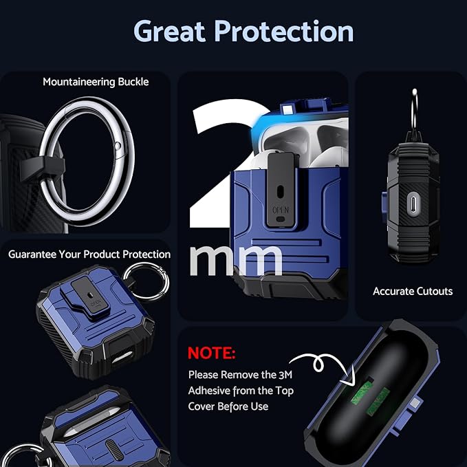 DASFOND Armor Cover AirPods 2nd & 1st Generation Case, Military Grade Full Body Shockproof Protection Hard Case, Support Wireless Charging with Keychain, Magnetic Lid, Front LED Visible, Blue