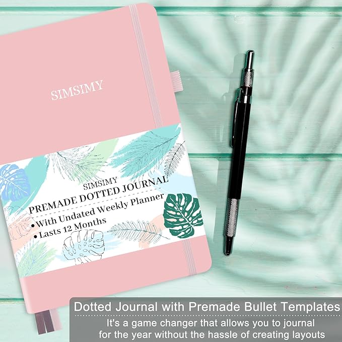 Premade Bullet Dotted Journal with Undated Weekly Monthly Planner, Pre-made Dot Grid Journaling Aesthetic Notebook for Goals Gratitude Budget Exercise Habits Mood Sleep Tracker - 12 Month