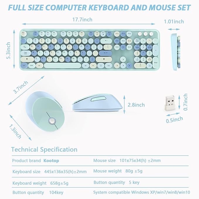 Wireless Keyboard and Mouse Combo, 2.4G Full-Sized Ergonomic Keyboard Mouse, 3 DPI Adjustable Cordless USB Keyboard and Mouse,for PC/Computer/Laptop/Windows/Mac(Blue)