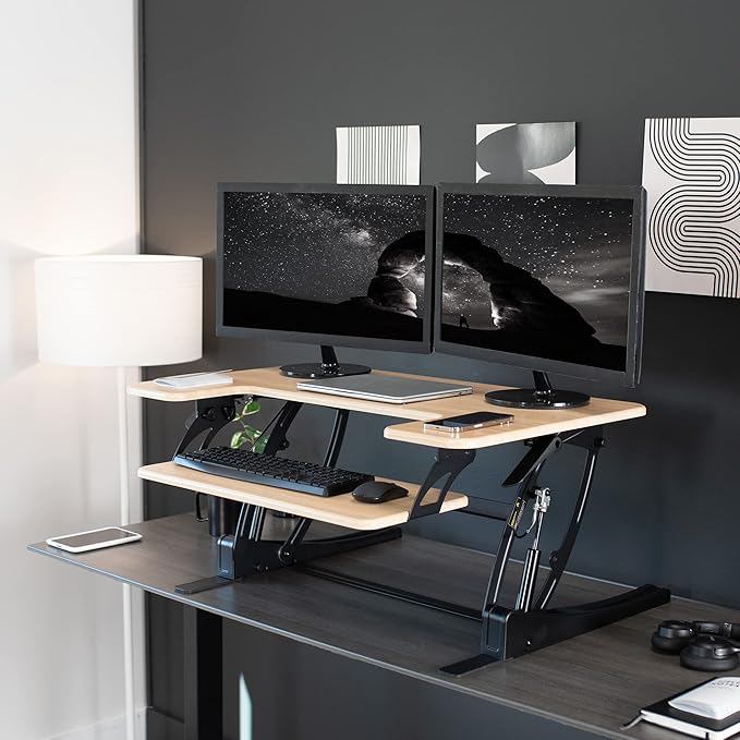 VIVO 36 inch Height Adjustable Stand Up Desk Converter, V Series, Quick Sit to Stand Tabletop Dual Monitor Riser Workstation, Light Wood Top, Black Frame, DESK-V000VO