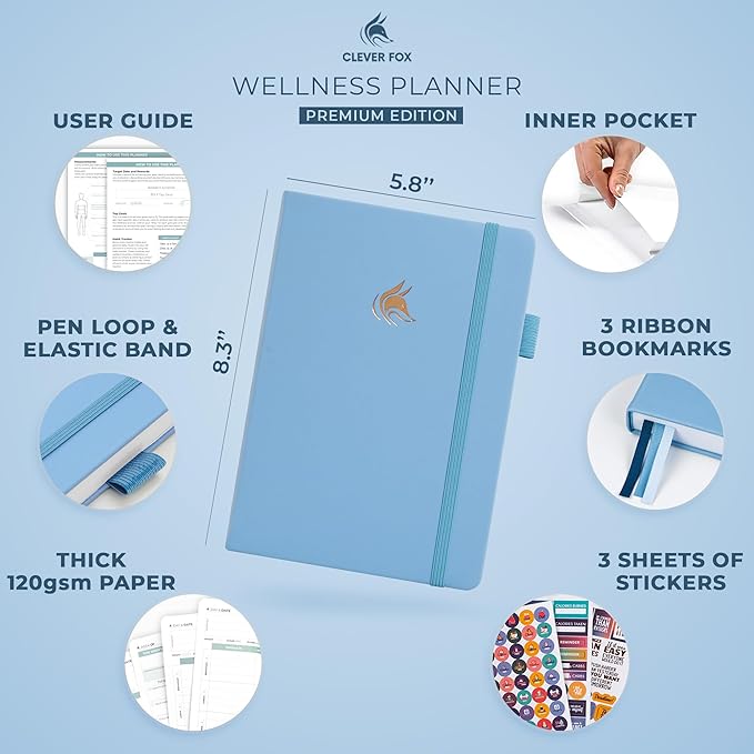 Clever Fox Wellness Planner - Weekly & Daily Health and Wellness Log, Food Journal & Meal Planner Diary for Calorie Counting, Notebook for Medical Condition Tracking, A5-Sized - Light Blue
