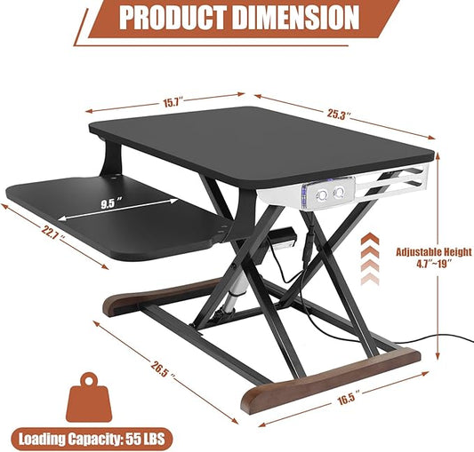 Electric Standing Desk Converter with Keyboard Tray, 26x16 Inch, Height Adjustable Sit to Stand Desk Riser with Unique Side Cover and Wooden Feet, Small Motorized Monitor Riser for Office & Home