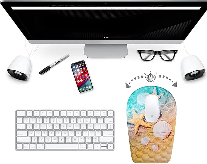 Ergonomic Mouse Pad Wrist Support,Upgrade Mousepad with Massage Design,Non-Slip PU Base Desktop Mouse Pads for Pain Relief, Computer, Office & Home,12 x 8 in（F-Starfish and Seashell ）