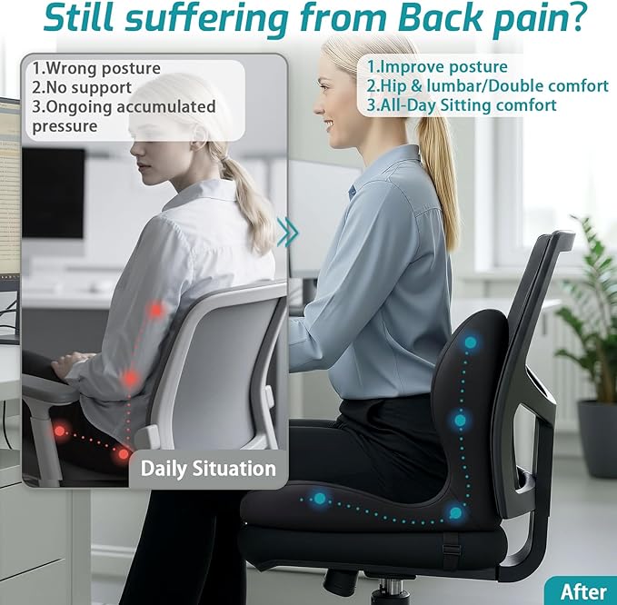 Memory Foam Seat Cushion,Office Chair Cushion with Lumbar Support for Back Pressure Relief, Car Seat Cushion with Adjustable Strap,Sciatica Pad Cushions for Car,Truck, Desk (C-Black)