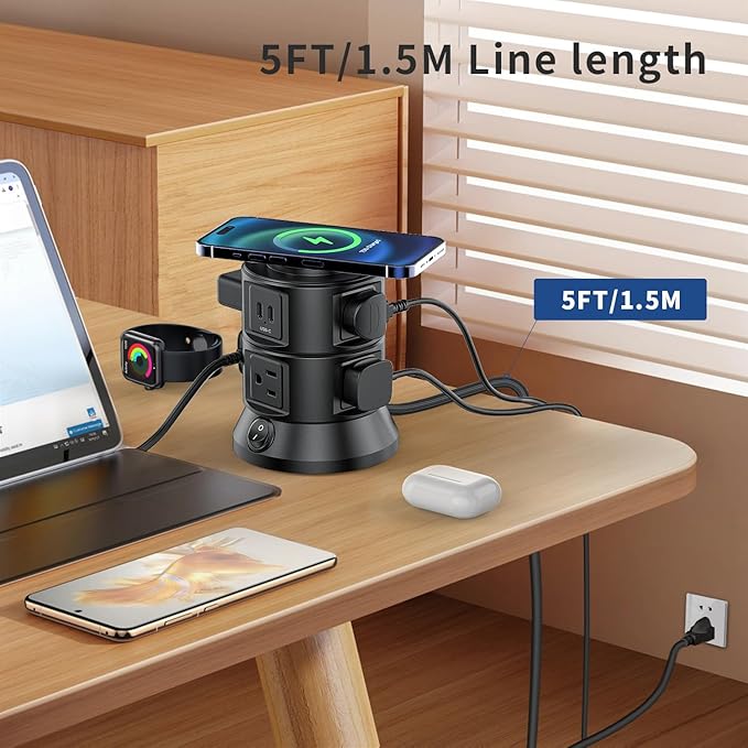 Surge Protector Power Strip Tower - Desk Charging Station with 15W Magnetic Wireless Charger, 6 AC Outlets and 4 USB (2 Type C) Ports,