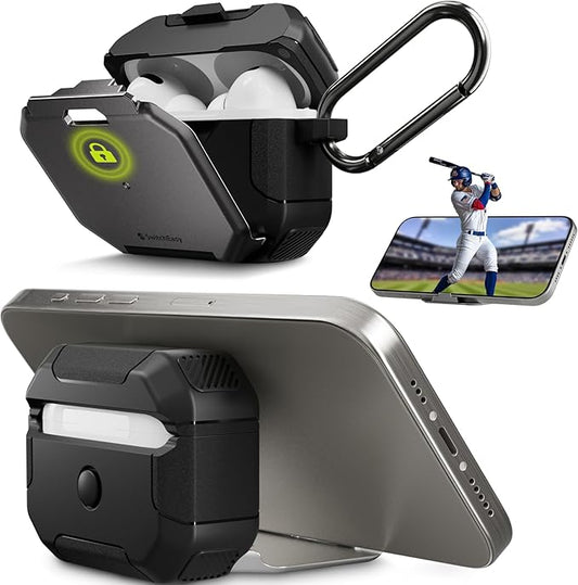 SwitchEasy Defender+ AirPods Pro Locking Case 2nd Generation & 1st Generation - Wireless Charging Case with Phone Stand, Shockproof Protection for Apple AirPods, AirPod Pro Case with Lock - Space Gray