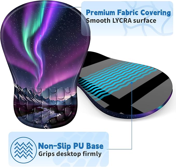 Ergonomic Mouse Pad with Wrist Rest Support, Mousepad with Comfortable Memory Foam Wrist Rest and Non-Slip PU Base for Pain Relief, Computer, Laptop, Office, Home (Aurora)
