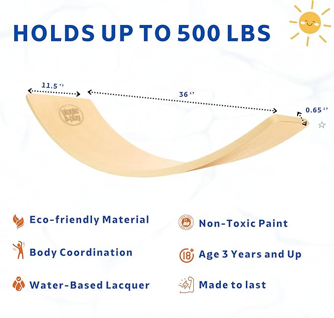 Giggle & Play 36" Wooden Balance Board – Natural Curvy Wobble Board for Kids, Toddlers & Adults, Montessori Rocker Toy, Yoga Trainer for Office, Home, Classroom Use