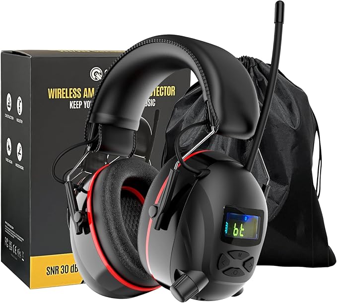Bluetooth 5.4 Hearing Protection AM FM Radio Headphones with Digital Display, 30 SNR Noise Reduction Safety Earmuffs with Rechargeable 2000 mAh Large Battery, Ear Protector for Mowing Lawn Work