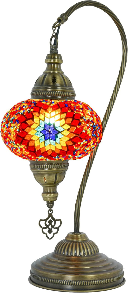 mozaist Mosaic Tiffany Style Swan Neck Table Lamp, Turkish Colorful Handmade Vintage Bedside Corner Decorative Lighting, Gooseneck Farmhouse Nightstand with E12 Socket & US Plug (Fire Ball)