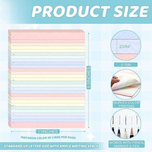Letter Size Discbound Refill Paper 8.5'' X 11'' 400 Sheets 800 Pages Colored Discbound Planner Inserts 100GSM Lined Paper Refill Wide ruled for 11 Disc Notebooks Note-Taking