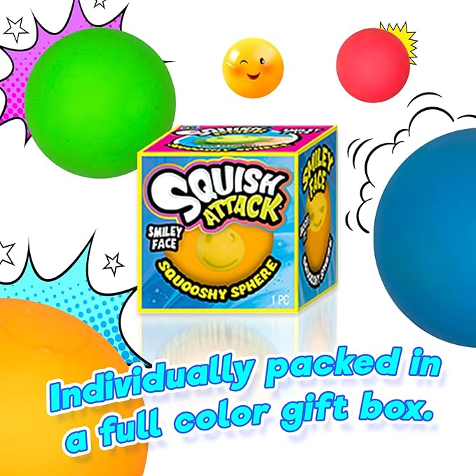 JA-RU Squish Attack Ball (24 Units Assorted) Squooshy Sphere with 6 Different Smiley Faces. Fidget Squishy Toy for Kids, Teen, & Adult. Soft Stress Therapy, Squish and Stretch Party Favor. 5606-24