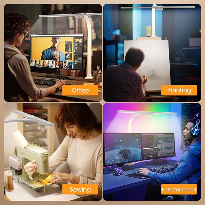 Upgraded LED Desk Lamp for Home Office with RGB, Rotatable Computer Desk Light with Remote, Eye Caring Table Lamp with Clamp, Dimmable Dual Head Desk Lighting for Desktop, 22W, White