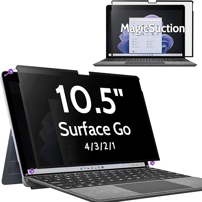 Privacy Screen for 10.5 Inch Surface Go 4/3/2/1, MagicSuction™ Removable Anti Spy Black Protector, Glare Blue Light Filter for Microsoft Laptop Computer Monitor