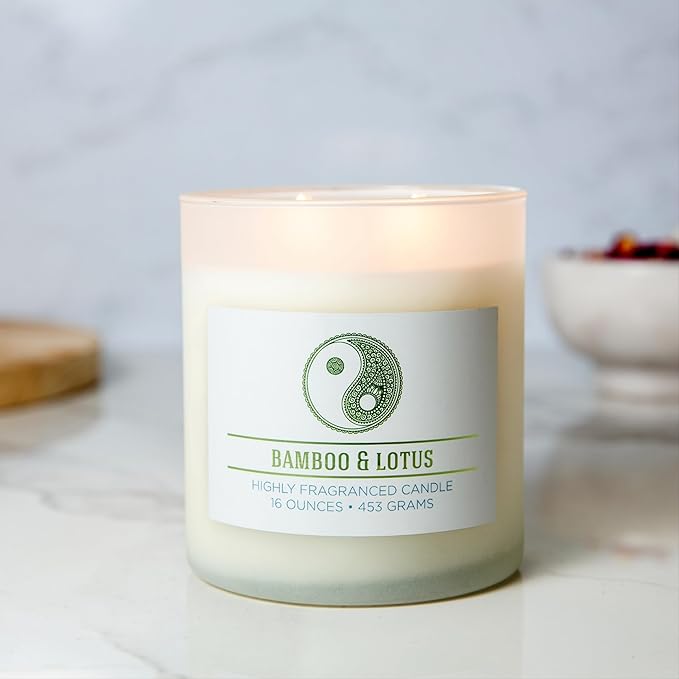 Carolina Bamboo Lotus Scented Candle, 16 oz Wellness Relaxing Aromatherapy Candle, 2 Wick White Jar Soy Blend Wax, Candles for Home, 60H Burn - Made in The USA