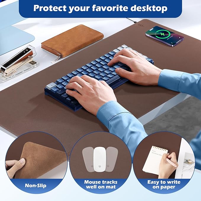 Wireless Charging Desk Mat with Desk Pad for Desktop Charging Large Mouse Pad Waterproof Leather Computer Mat Mouse Pad Non-Slip Protector on Top of Desks for Keyboard and Mouse (brown-r, 36*17inch)