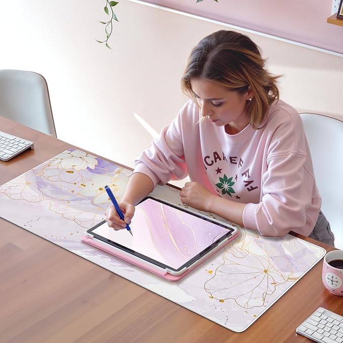 iCasso Desk Cover Mat, Extra Large Lotus Mouse Pad, Desk Pad Mat,Office Matt for Desktop Protector, Anti-Slip XXL Big Mousepad with Stitched Edges for Laptop Computer Keyboard(Purple Lotus Leaf)