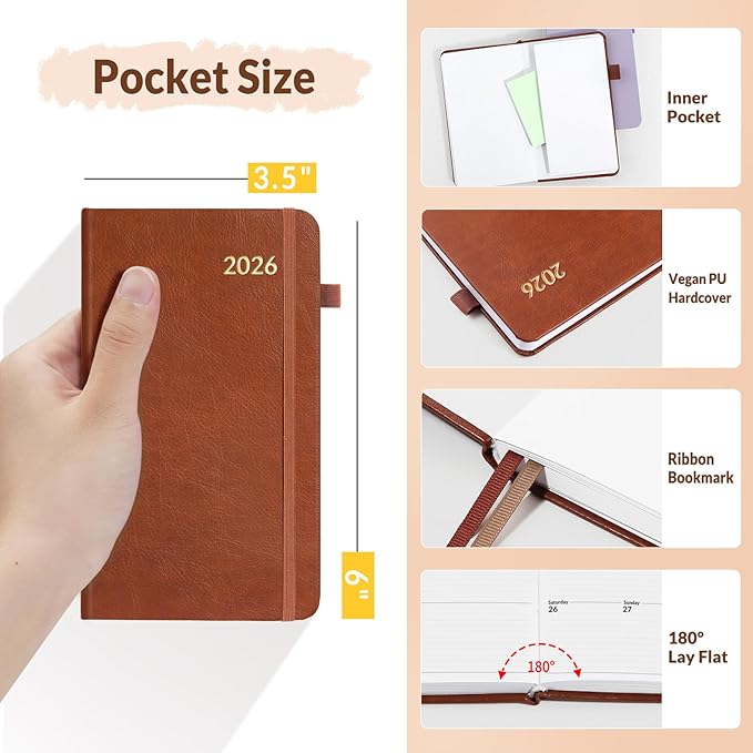 SUNEE 2026 Pocket Weekly Planner for Purse 3.5" x 6" - 12 Month (January 2026 - December 2026), Small Size Planner, Hardcover, Note, Brown