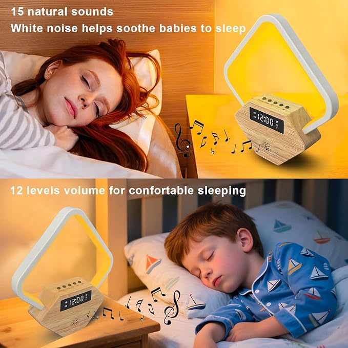 Wood Sunrise Alarm Clock with White Noise Machine 3 Color Night Light 15 Soothing Sounds Sleep Aid 30/60/90min Timer 10 Alarm Ringtones USB C PD Phone Charger Anniversary Birthday Gifts for Women Men