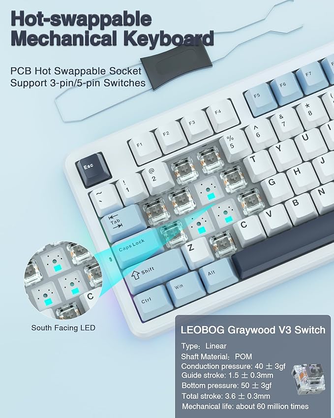 AULA F87 Wireless Mechanical Keyboard, 75% TKL Custom Hot Swappable Gaming Keyboards with PBT Keycaps, Pre-lubed Greywood Switches, RGB Backlit Creamy Keyboard, 2.4GHz/USB-C/BT5.0