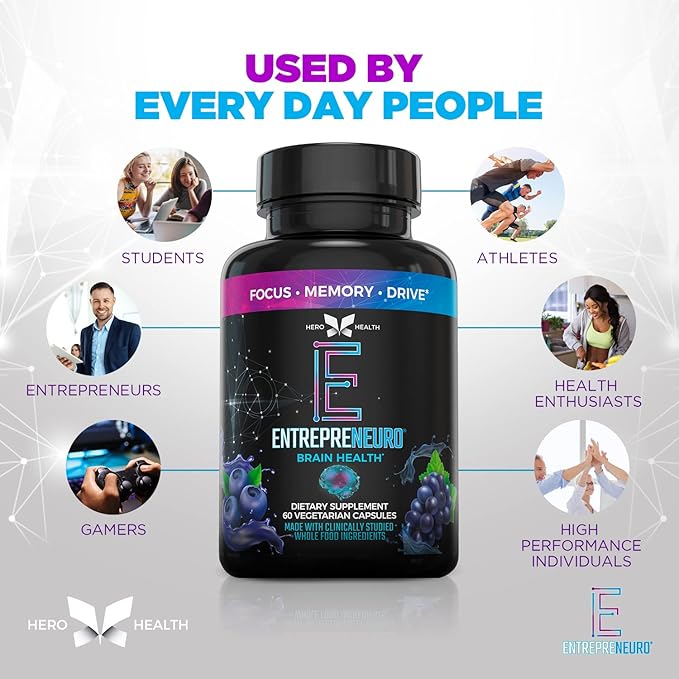 Hero X Health | Entrepreneuro Nootropic Brain Booster with Ginkgo Biloba, Memophenol and L-Theanine - Brain Supplement for Focus, Memory Support, Clarity & Energy - Nootropics Brain Support Supplement
