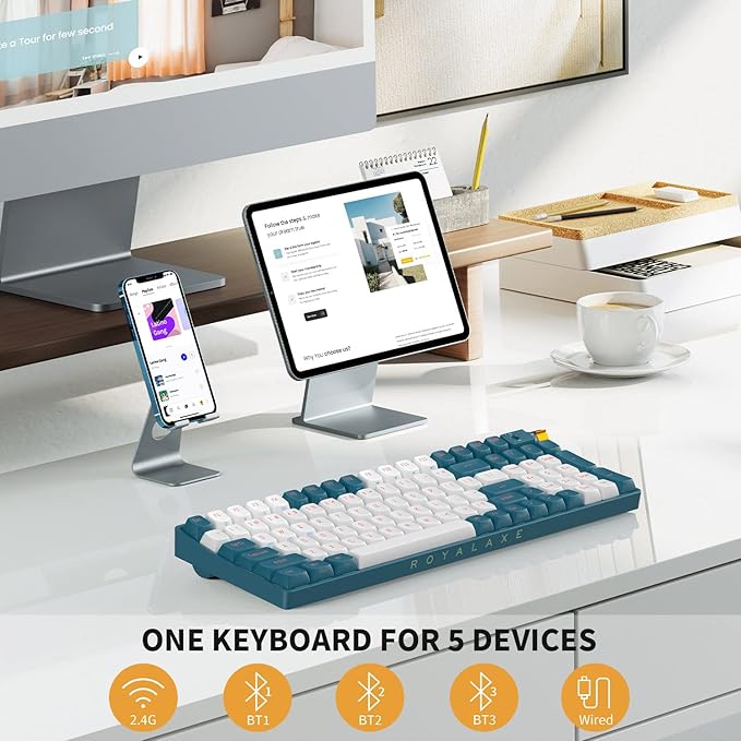 R100 Wireless Mechanical Keyboard, G Pro 3.0 Yellow Switch, Hot Swappable Wired/Bluetooth/2.4G Wireless Keyboard with RGB Light for Windows & Mac, PBT Keycaps, Whale Blue