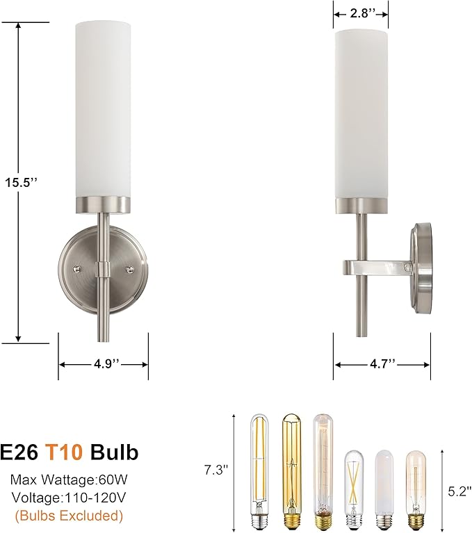Wall Sconces Set of Two,Brushed Nickel Bathroom Sconces Wall Lighting with White Glass, Modern Sconces Wall Decor Set of 2 Wall Light fixtures for Bathroom Mirror Living Room Hallway Bedroom Wall Lamp
