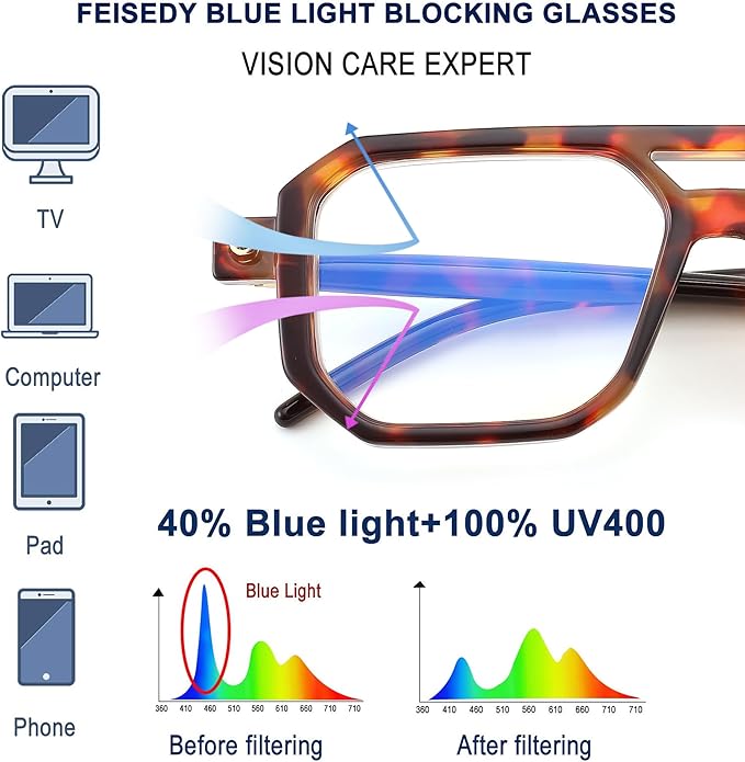 FEISEDY Vintage Square Blue Light Blocking Glasses Women Men 70s Flat Aviator Glasses Computer Anti Glare B0062