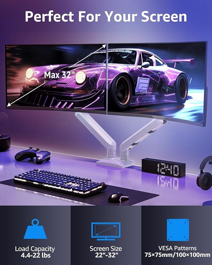 Dual Monitor Mount for 32 27 24 22inch Screens, Gas Spring Monitor Stand for 2 Monitor, Full Adjustable Monitors Desk Mount with C-Clamp＆Grommet Base, Each Arm Holds 4.4-22 lbs, Freelift Pro White