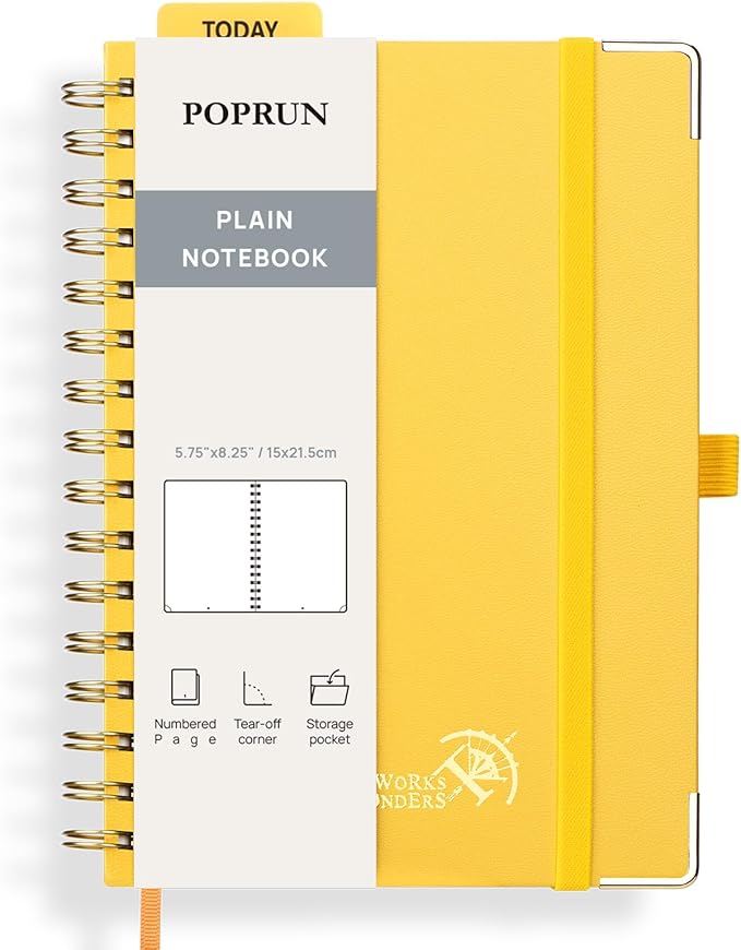 POPRUN Blank Journal Notebook, [A5-5.75'' x 8.25''] - 120 GSM Thick Paper, 141 Numbered Pages, Spiral Hardcover for Men & Women with Pocket, Index Tabs, 8 Perforated Sheets, Light Yellow