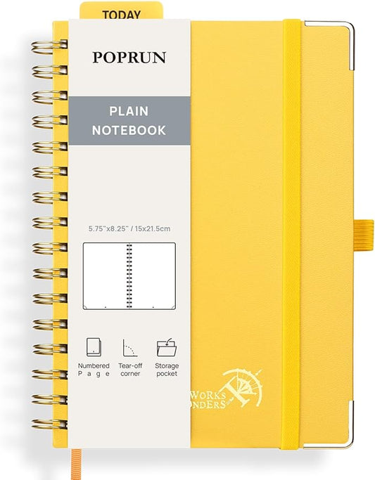 POPRUN Blank Journal Notebook, [A5-5.75'' x 8.25''] - 120 GSM Thick Paper, 141 Numbered Pages, Spiral Hardcover for Men & Women with Pocket, Index Tabs, 8 Perforated Sheets, Light Yellow