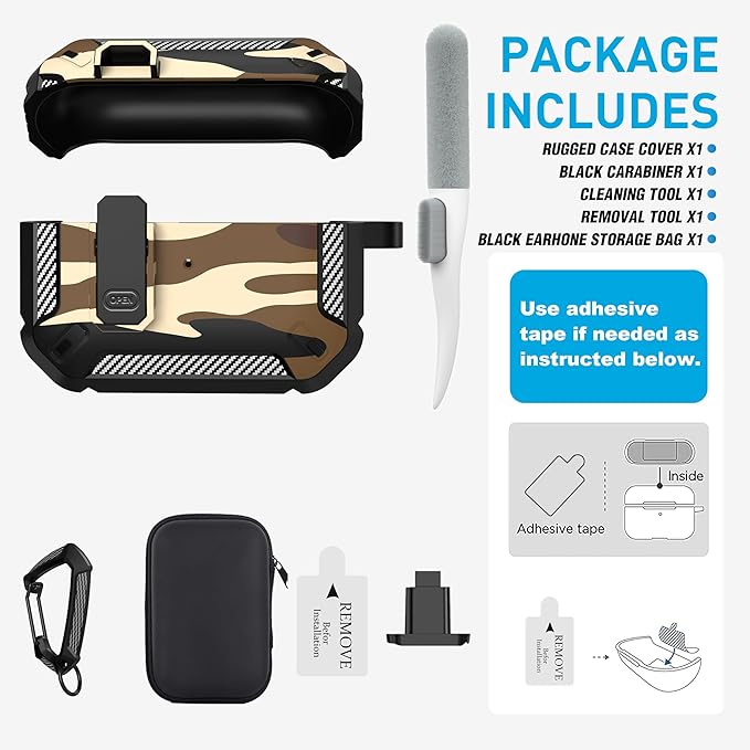 Maxjoy for AirPods Pro Case Cover with Lock, AirPods Pro 1st Generation Case for Men Military Rugged Protective Cover with Keychain Compatible with Apple AirPod Pros 2019 Front LED Visible, Brown Camo